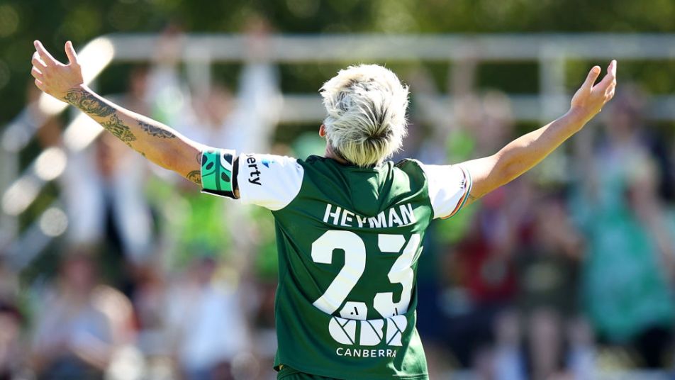 CANBERRA, AUSTRALIA - MARCH 24: Michelle Heyman of Canberra United celebrates scoring a goalduring the A-League Women round 21 match between Canberra United and Wellington Phoenix at McKellar Park, on March 24, 2024, in Canberra, Australia. (Photo by Mark Nolan/Getty Images)