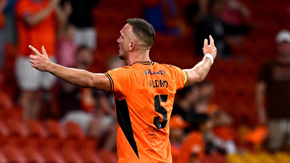 BRISBANE, AUSTRALIA - OCTOBER 30: Tom Aldred of the Roar celebrates after scoring a goal during the round three A-League Men match between Brisbane Roar and Auckland FC at Suncorp Stadium, on October 30, 2026, in Brisbane, Australia. (Photo by Bradley Kanaris/Getty Images)